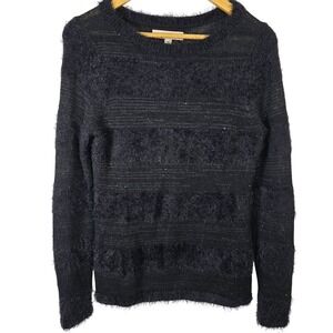 LOFT Womens‎ Black Fuzzy Sequin Striped Long Sleeve Sweater Size S